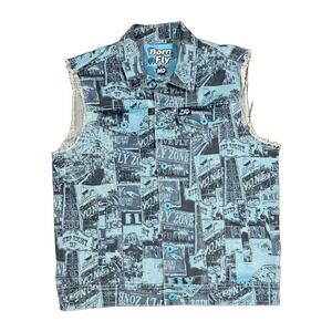 Born Fly Mens Blue Graphic Print Denim Trucker Vest Sleeveless Jacket Size M